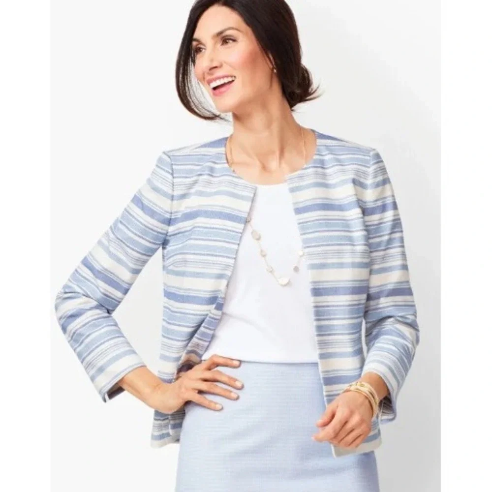 Talbots Biscay Open-Front Jacket Women's 8P Blue White Striped Blazer Office - Picture 1 of 10